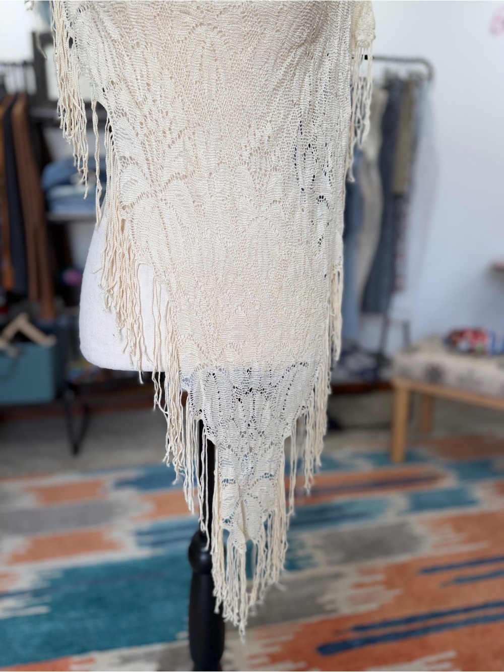 Vintage Cream Lace Fringe Piano Shawl Wrap - Picture 3 of 7